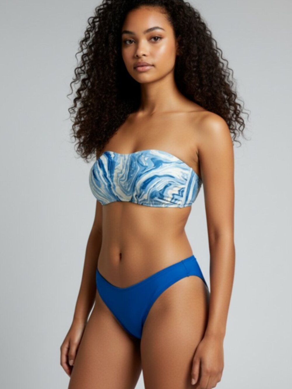 Women's 2 Piece Tube Top Bikini-Size L-Floral Padded Top-Solid Blue Bottoms